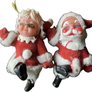 Vintage Santa and Mrs. Claus Flocked Christmas ornaments